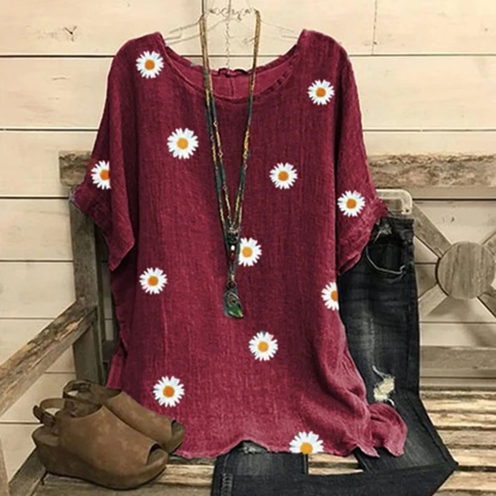Funki Buys | Shirts | Women's Plus Fashion Daisy Print Blouse