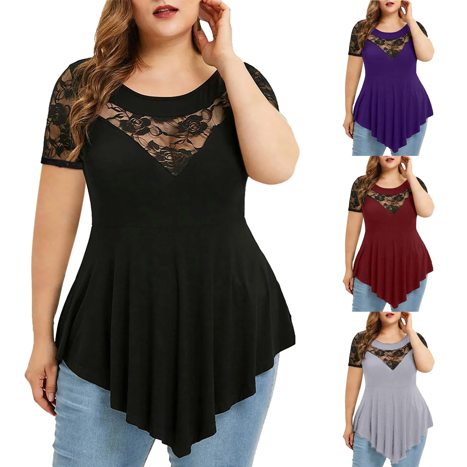 Funki Buys | Shirts | Women's Plus Size Blouse | Lace Short Sleeve