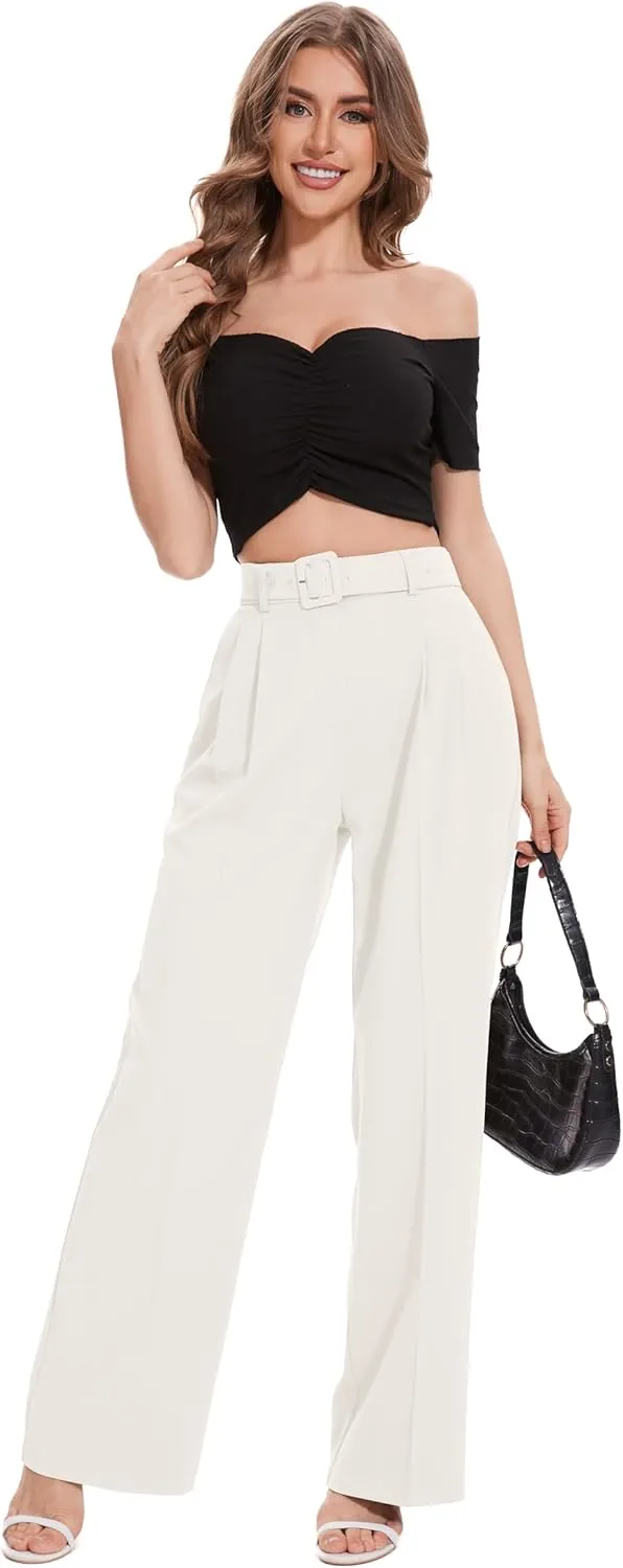 FUNYYZO Women's High Waist Wide Leg Pants Business Work Office Casual Long Pants Belted Trousers