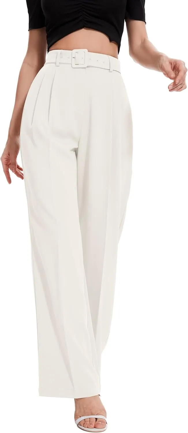 FUNYYZO Women's High Waist Wide Leg Pants Business Work Office Casual Long Pants Belted Trousers
