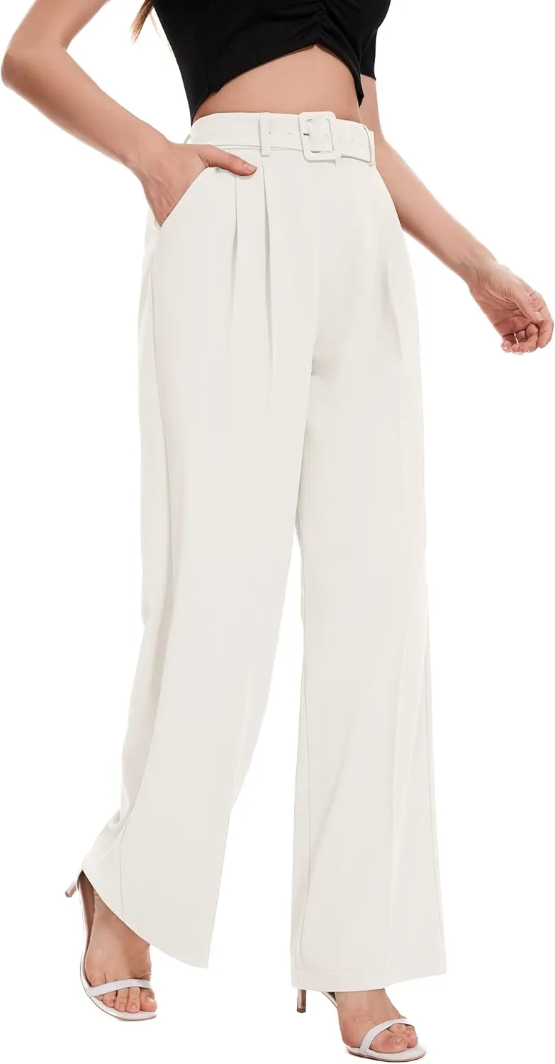 FUNYYZO Women's High Waist Wide Leg Pants Business Work Office Casual Long Pants Belted Trousers