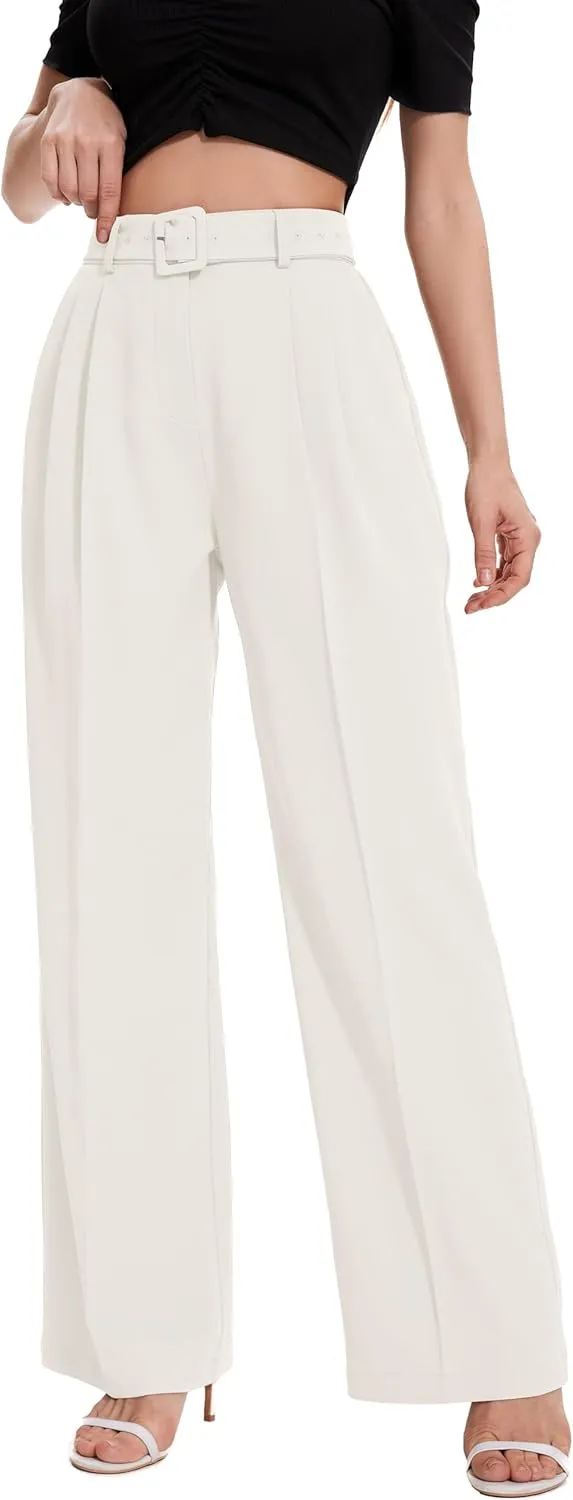 FUNYYZO Women's High Waist Wide Leg Pants Business Work Office Casual Long Pants Belted Trousers