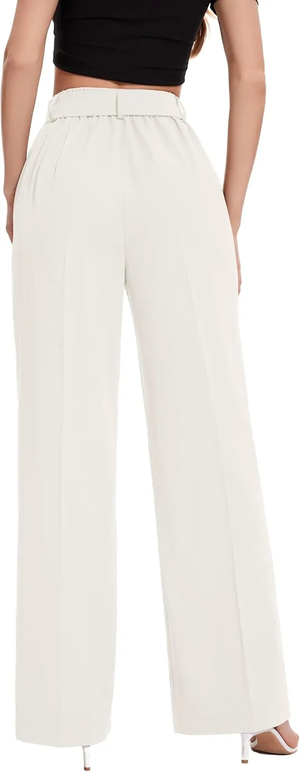 FUNYYZO Women's High Waist Wide Leg Pants Business Work Office Casual Long Pants Belted Trousers