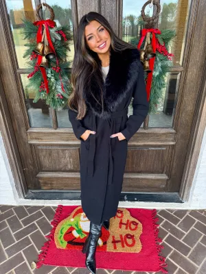 Fur Wool Trench Coat-Black