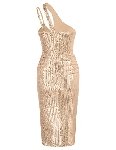 GRACE KARIN Women Sexy Sequin Cutout Bodycon One Shoulder Ruched Cocktail Dress Black S