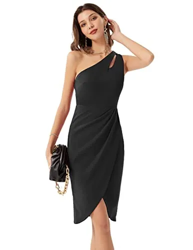GRACE KARIN Women Sexy Sequin Cutout Bodycon One Shoulder Ruched Cocktail Dress Black S