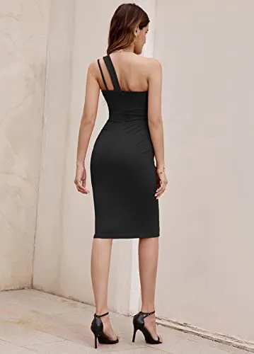 GRACE KARIN Women Sexy Sequin Cutout Bodycon One Shoulder Ruched Cocktail Dress Black S