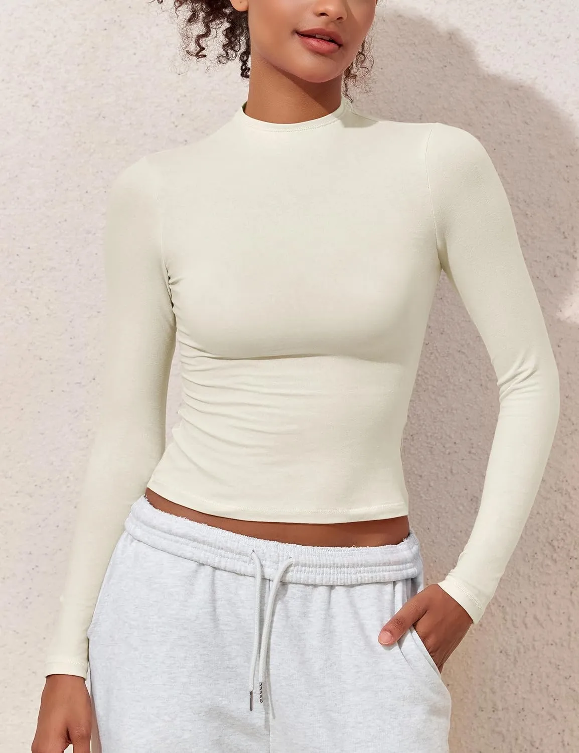 Hilor Women's Long Sleeve T Shirts Basic Cotton Mock Neck Tops Tight Fitted Going Out Crop Tops Y2K Tees Shirts