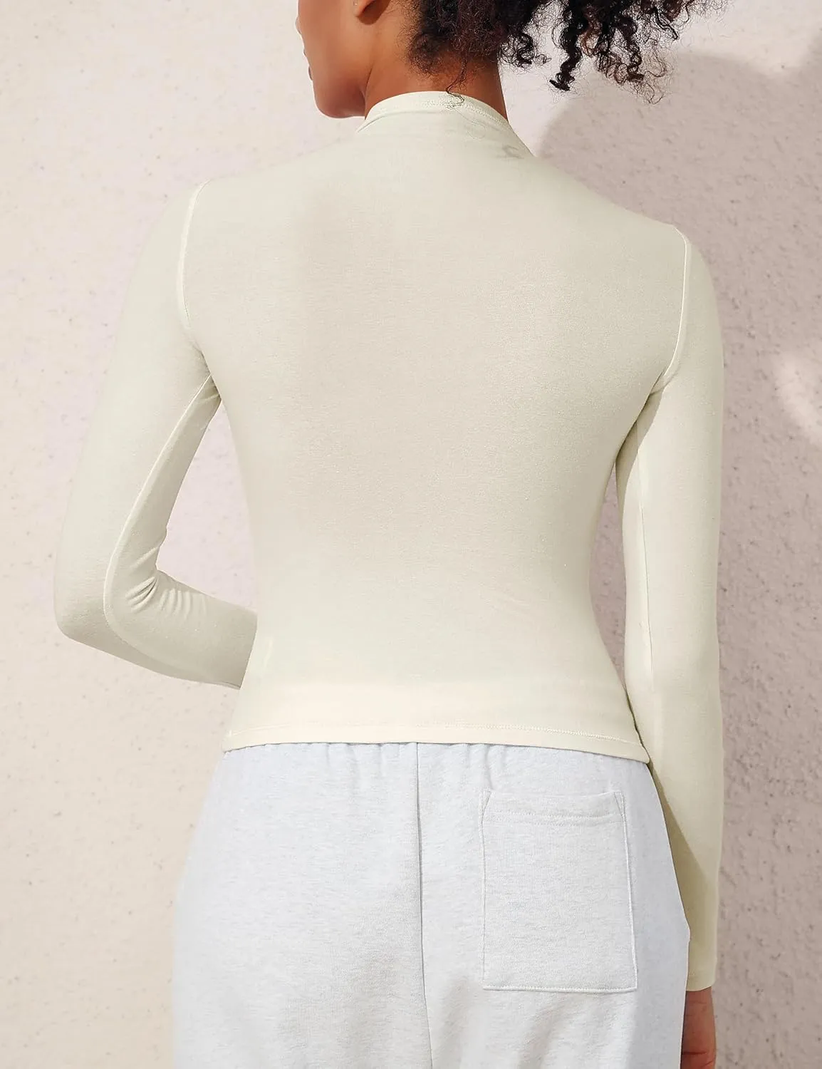 Hilor Women's Long Sleeve T Shirts Basic Cotton Mock Neck Tops Tight Fitted Going Out Crop Tops Y2K Tees Shirts