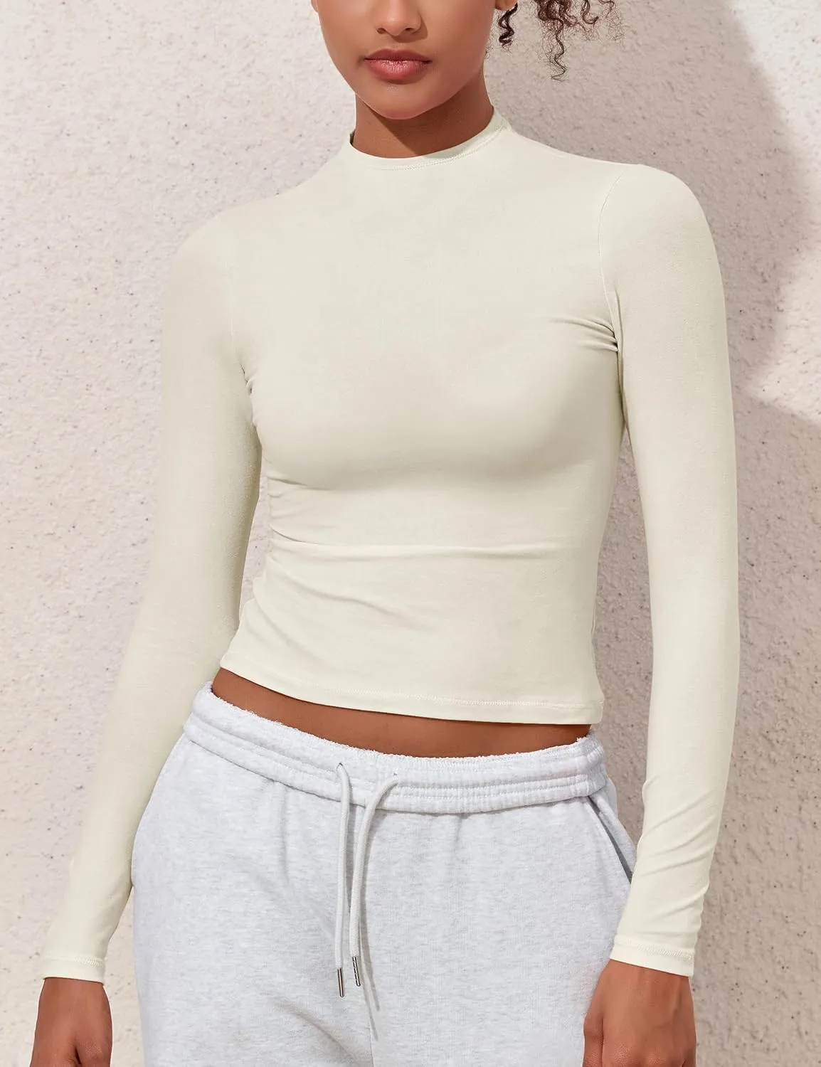 Hilor Women's Long Sleeve T Shirts Basic Cotton Mock Neck Tops Tight Fitted Going Out Crop Tops Y2K Tees Shirts