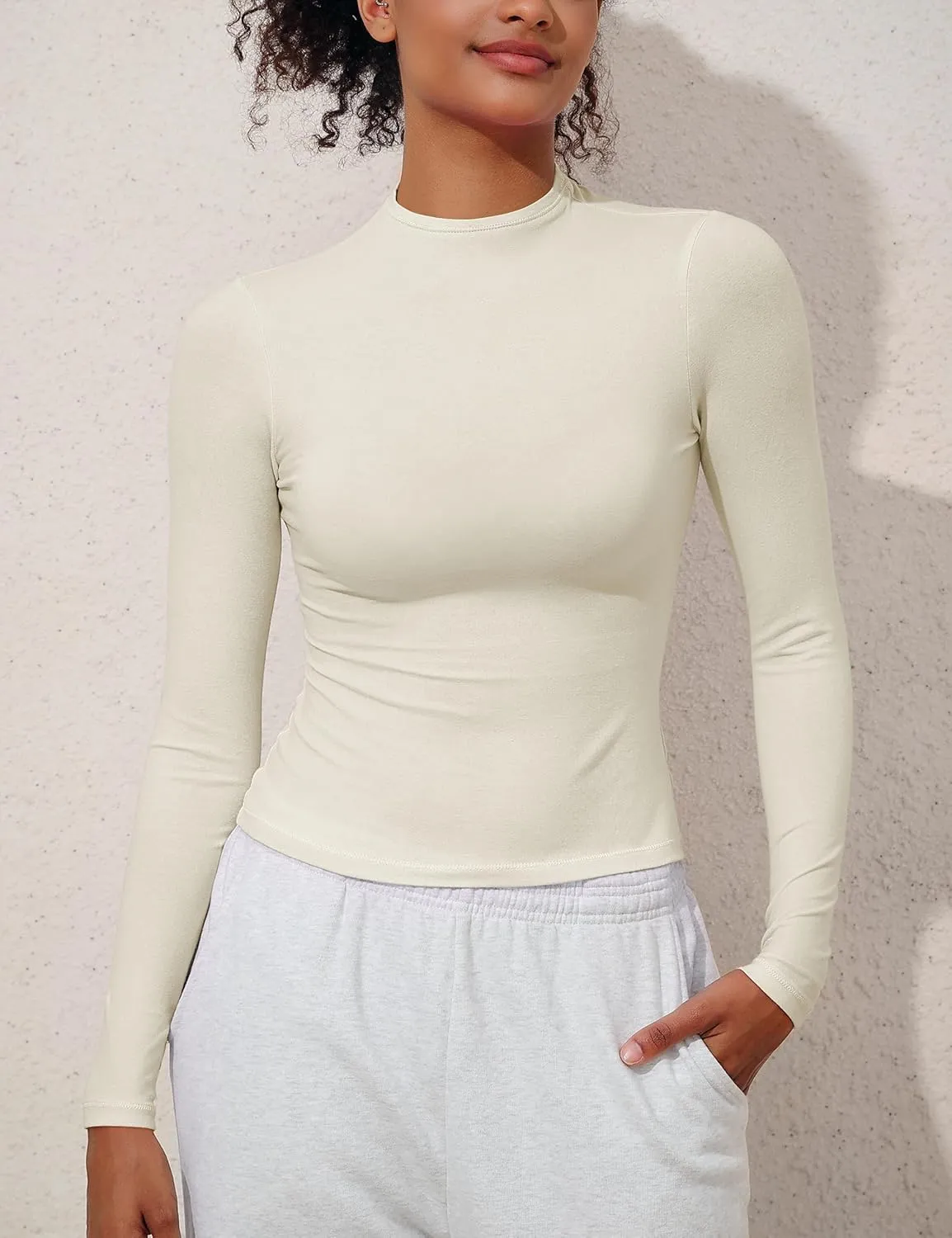 Hilor Women's Long Sleeve T Shirts Basic Cotton Mock Neck Tops Tight Fitted Going Out Crop Tops Y2K Tees Shirts