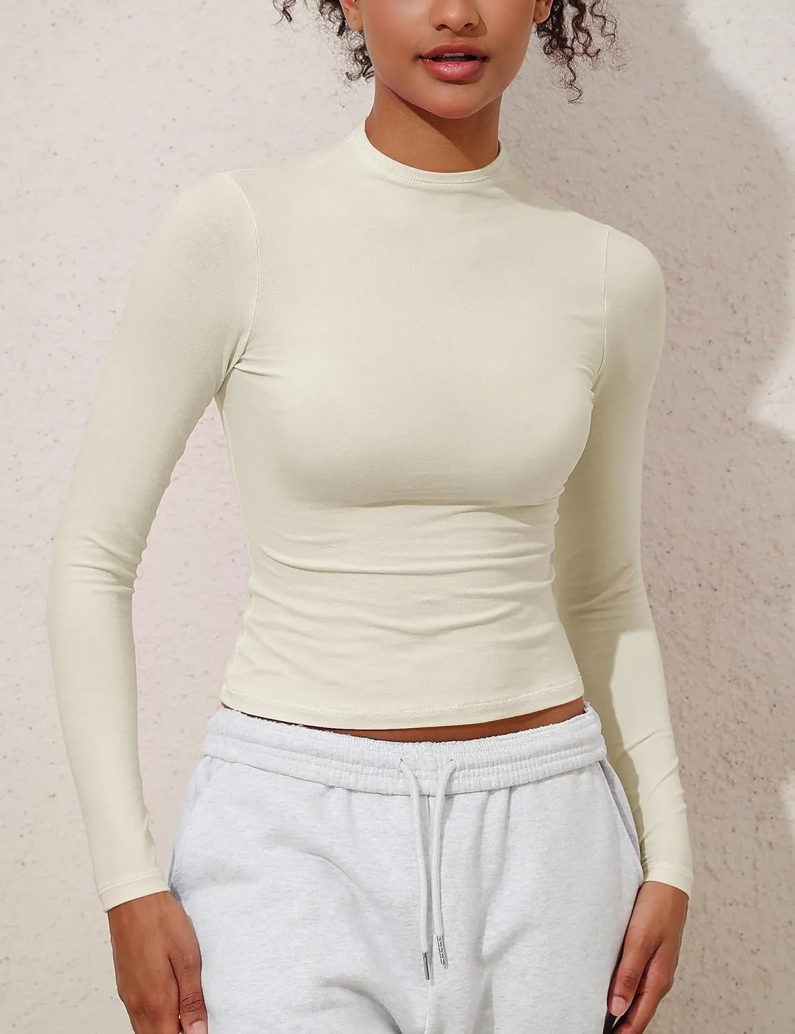 Hilor Women's Long Sleeve T Shirts Basic Cotton Mock Neck Tops Tight Fitted Going Out Crop Tops Y2K Tees Shirts