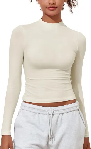 Hilor Women's Long Sleeve T Shirts Basic Cotton Mock Neck Tops Tight Fitted Going Out Crop Tops Y2K Tees Shirts