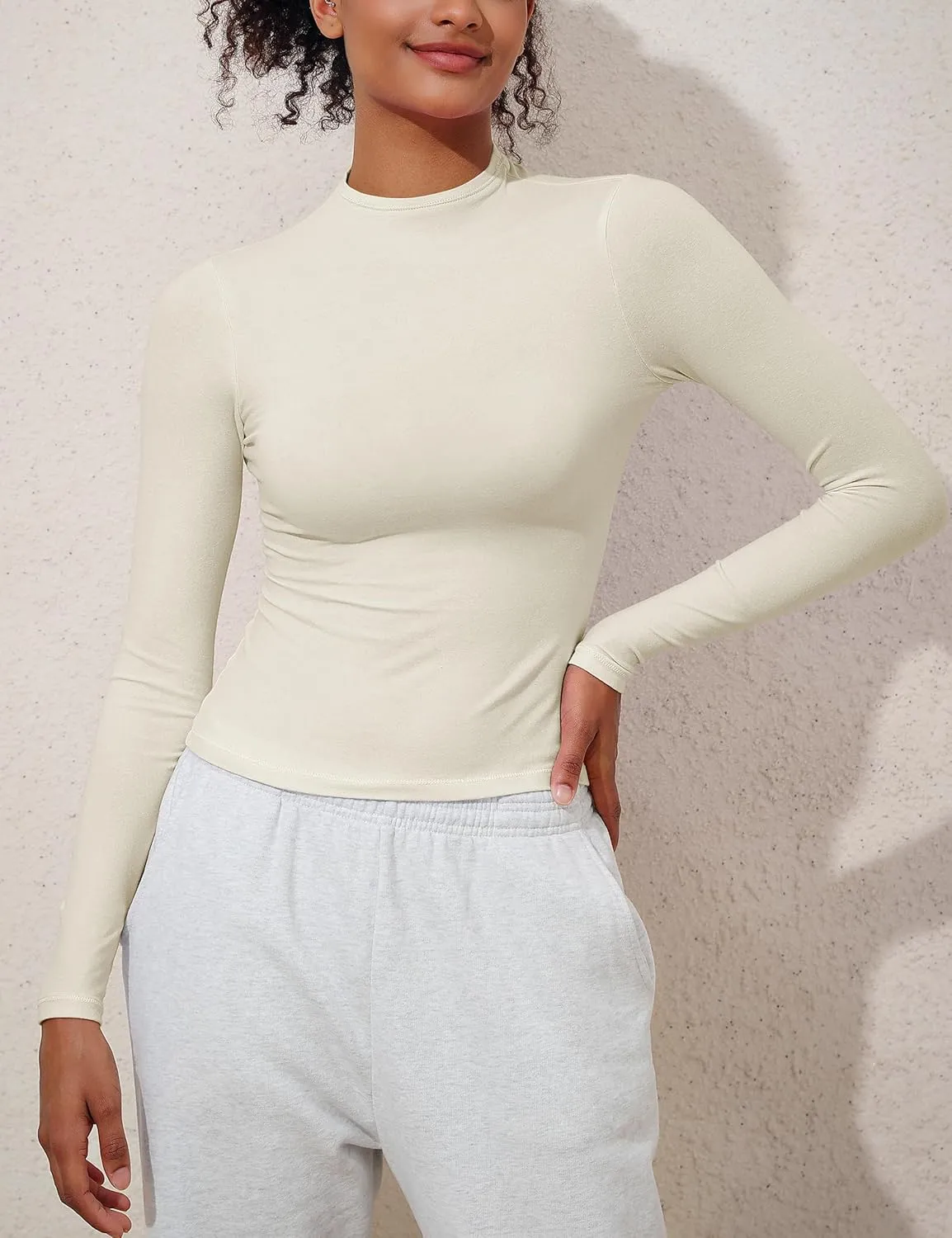 Hilor Women's Long Sleeve T Shirts Basic Cotton Mock Neck Tops Tight Fitted Going Out Crop Tops Y2K Tees Shirts