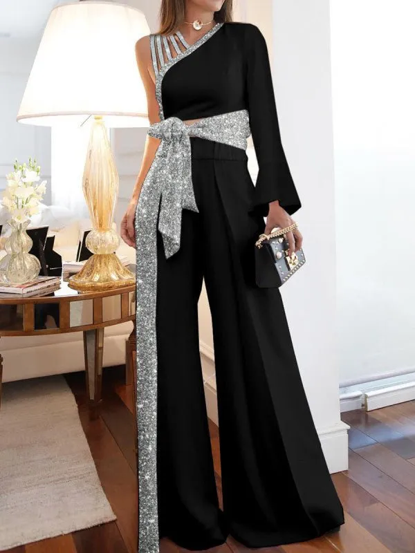 Jumpsuits Shiny Sloping Shoulder Long Sleeve Belted Wide Leg Jumpsuit for Women