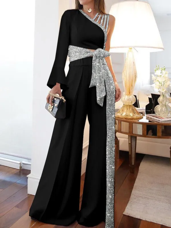 Jumpsuits Shiny Sloping Shoulder Long Sleeve Belted Wide Leg Jumpsuit for Women