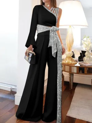 Jumpsuits Shiny Sloping Shoulder Long Sleeve Belted Wide Leg Jumpsuit for Women
