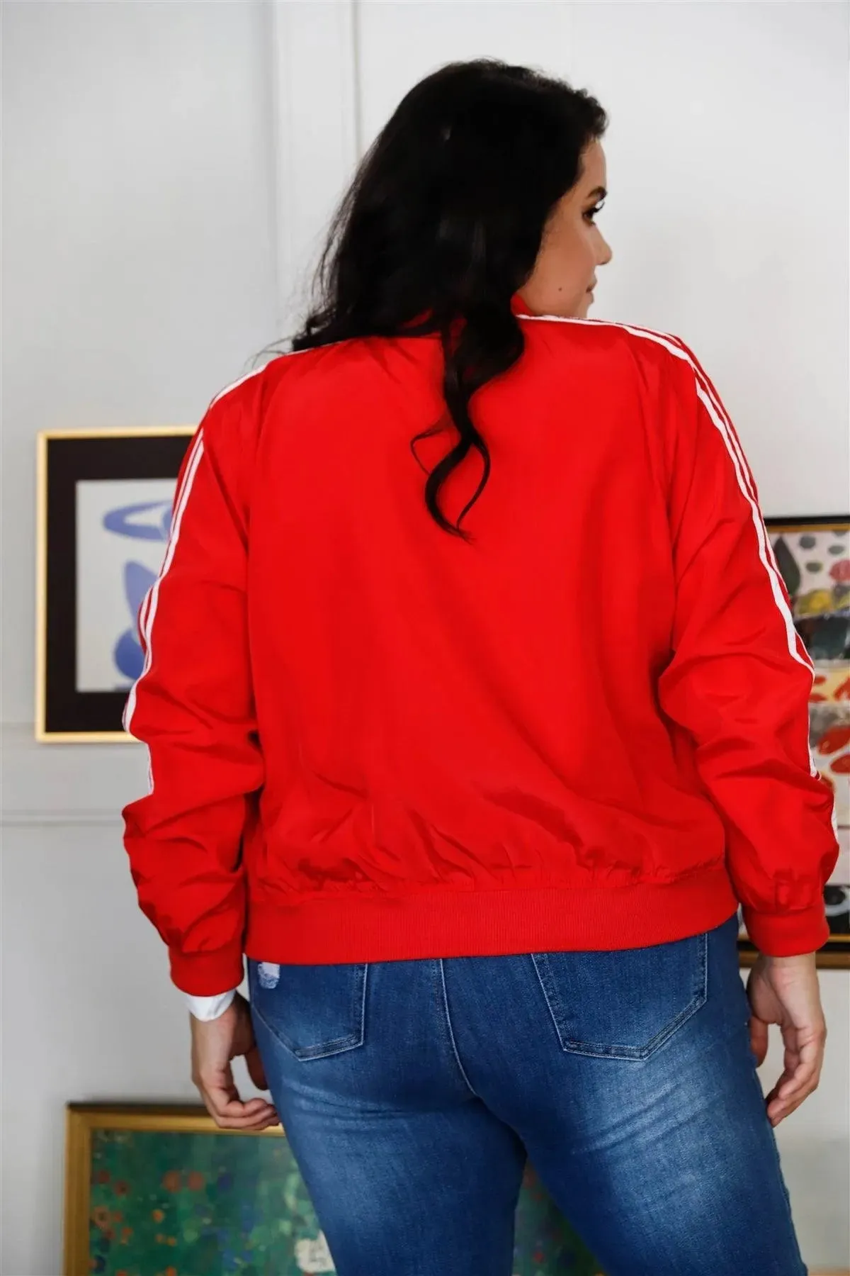 Junior Plus Red & White Retro Le Mans Stripe Trim Sporty Windbreaker Bomber Jacket