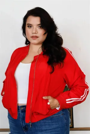 Junior Plus Red & White Retro Le Mans Stripe Trim Sporty Windbreaker Bomber Jacket