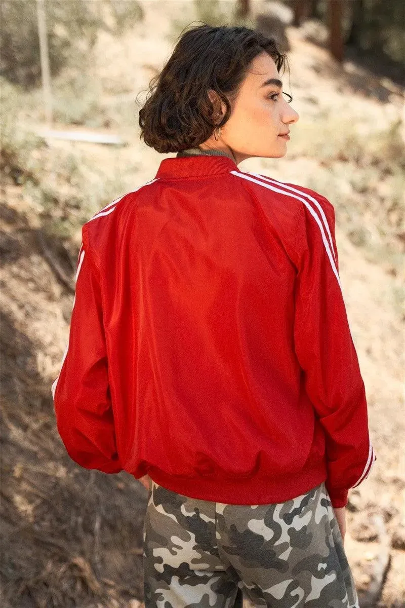 Junior Plus Red & White Retro Le Mans Stripe Trim Sporty Windbreaker Bomber Jacket