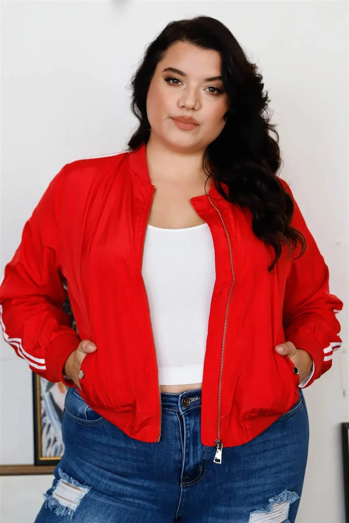 Junior Plus Red & White Retro Le Mans Stripe Trim Sporty Windbreaker Bomber Jacket