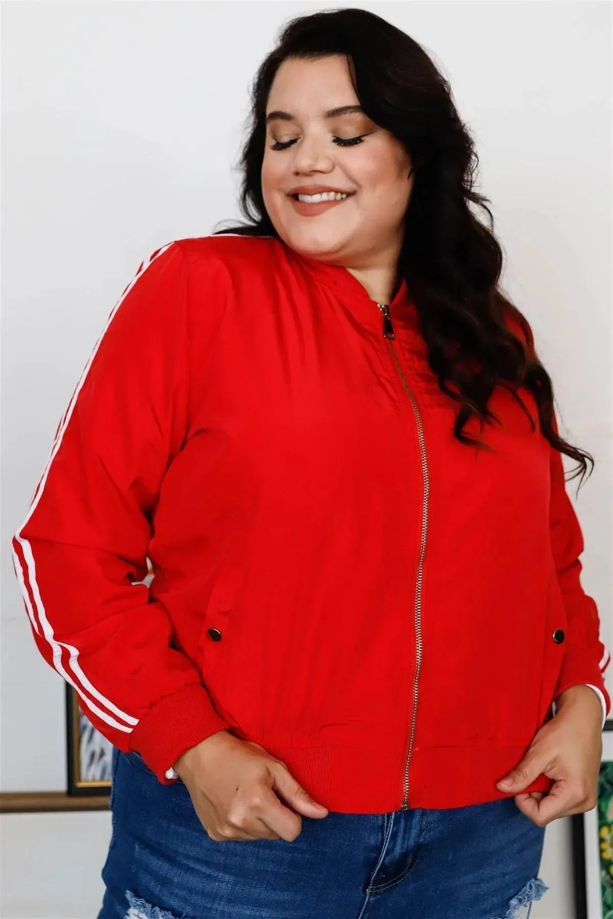 Junior Plus Red & White Retro Le Mans Stripe Trim Sporty Windbreaker Bomber Jacket