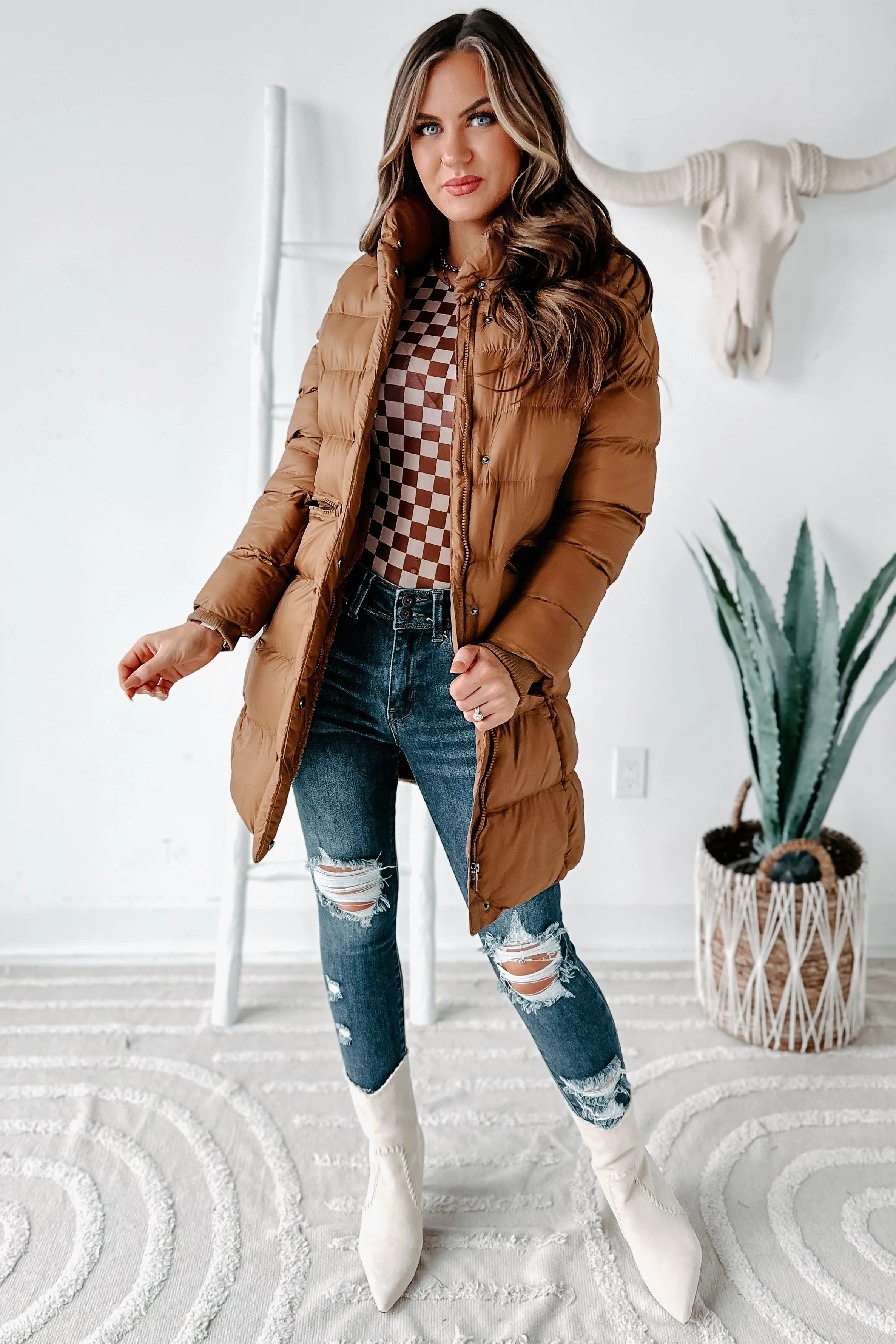 Keeping Warm Knee Length Puffer Coat (Mocha)
