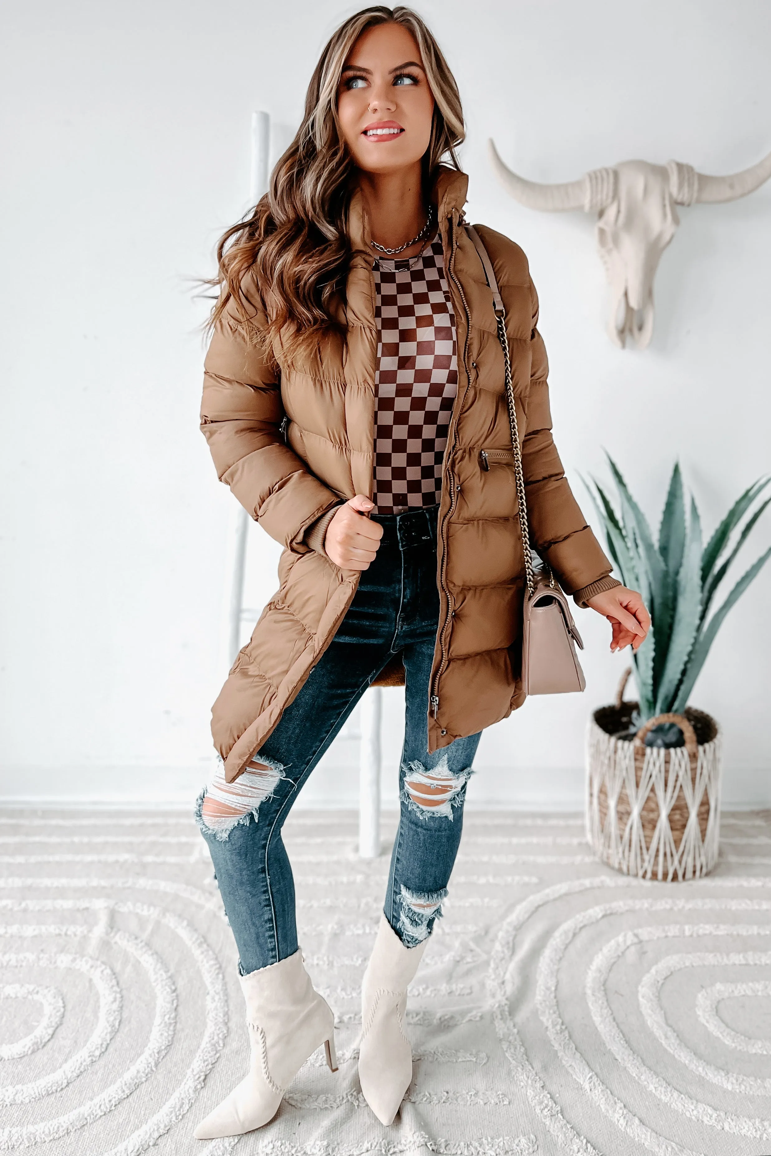 Keeping Warm Knee Length Puffer Coat (Mocha)