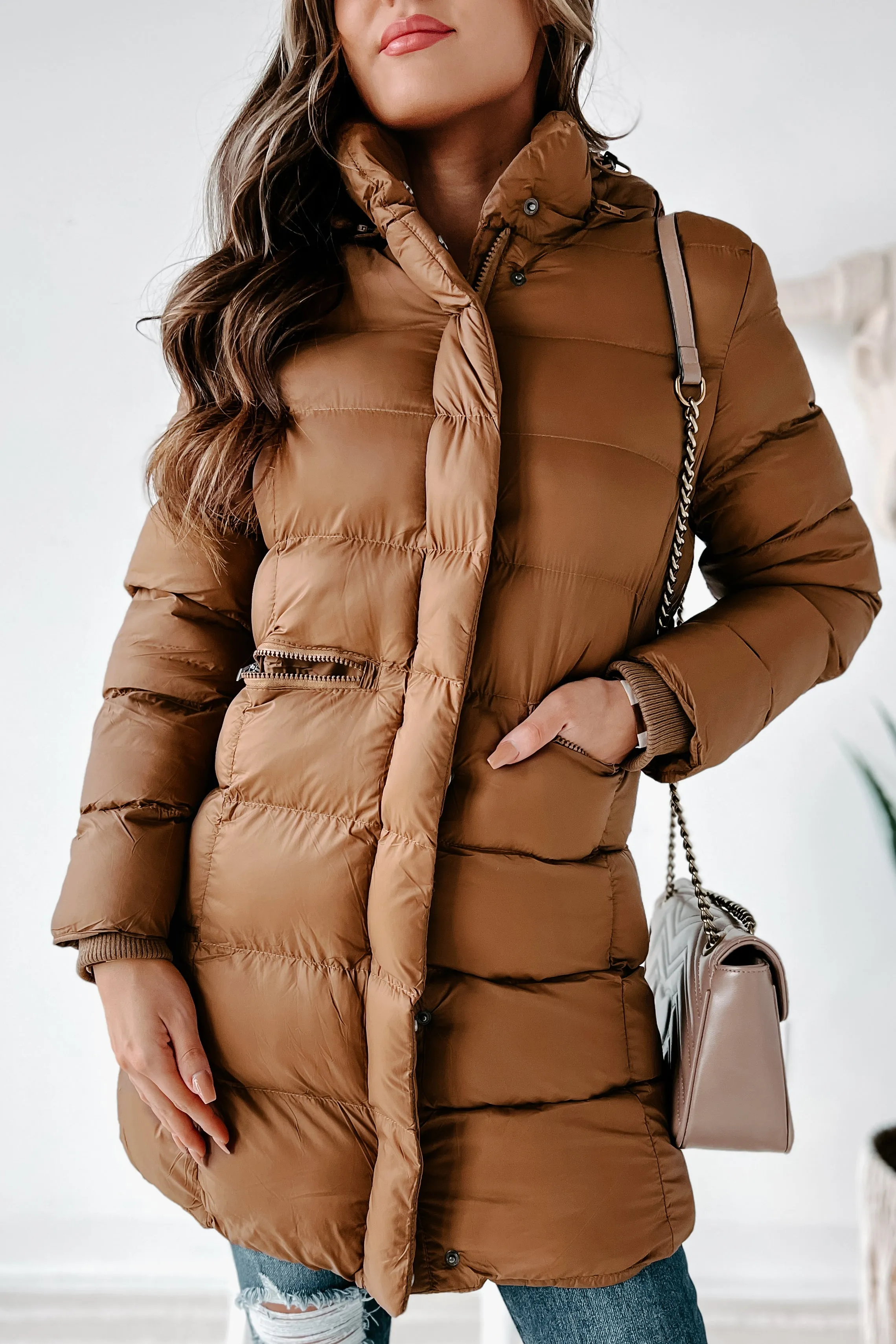 Keeping Warm Knee Length Puffer Coat (Mocha)
