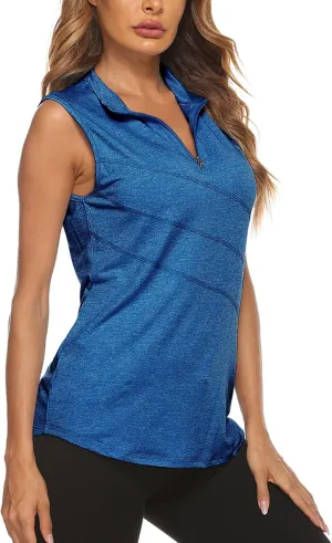 Koscacy Women's Sleeveless Golf Tennis Polo Shirts Zip Up Dry Fit Workout Tank Tops Athletic Shirt