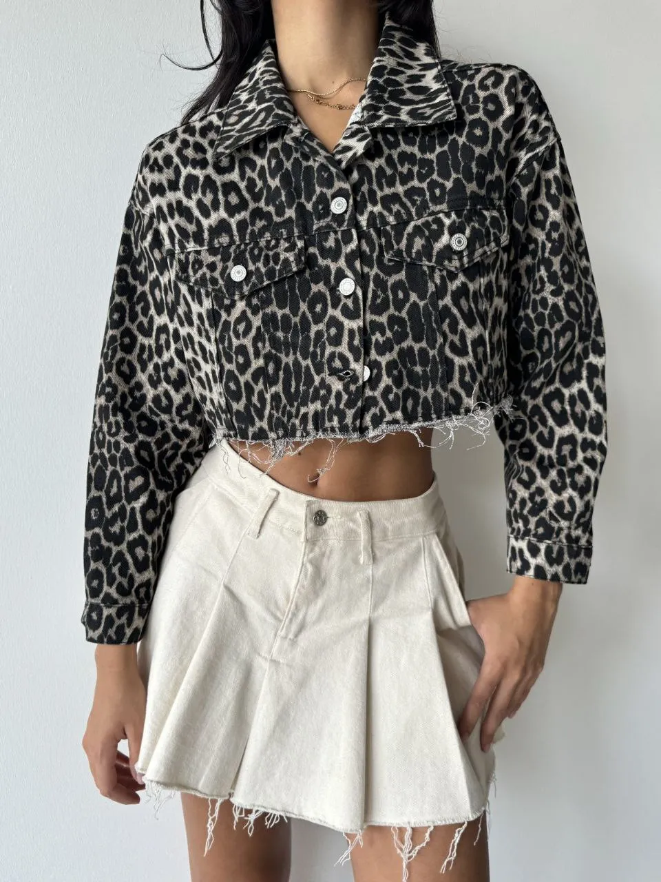 Leona Cropped Leopard Print Denim Jacket