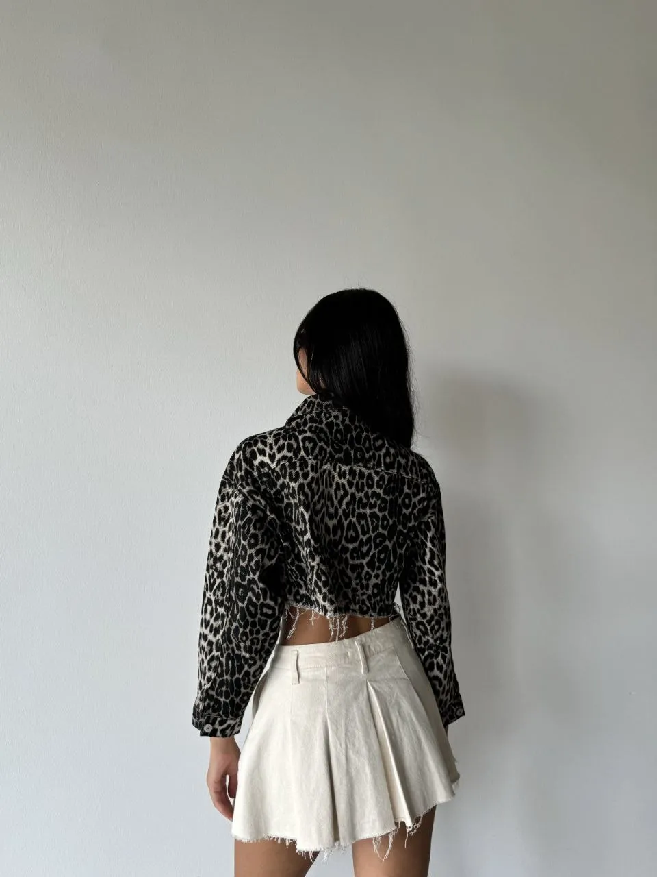 Leona Cropped Leopard Print Denim Jacket