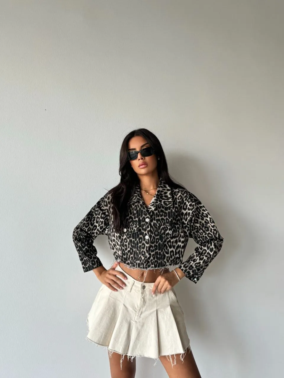 Leona Cropped Leopard Print Denim Jacket