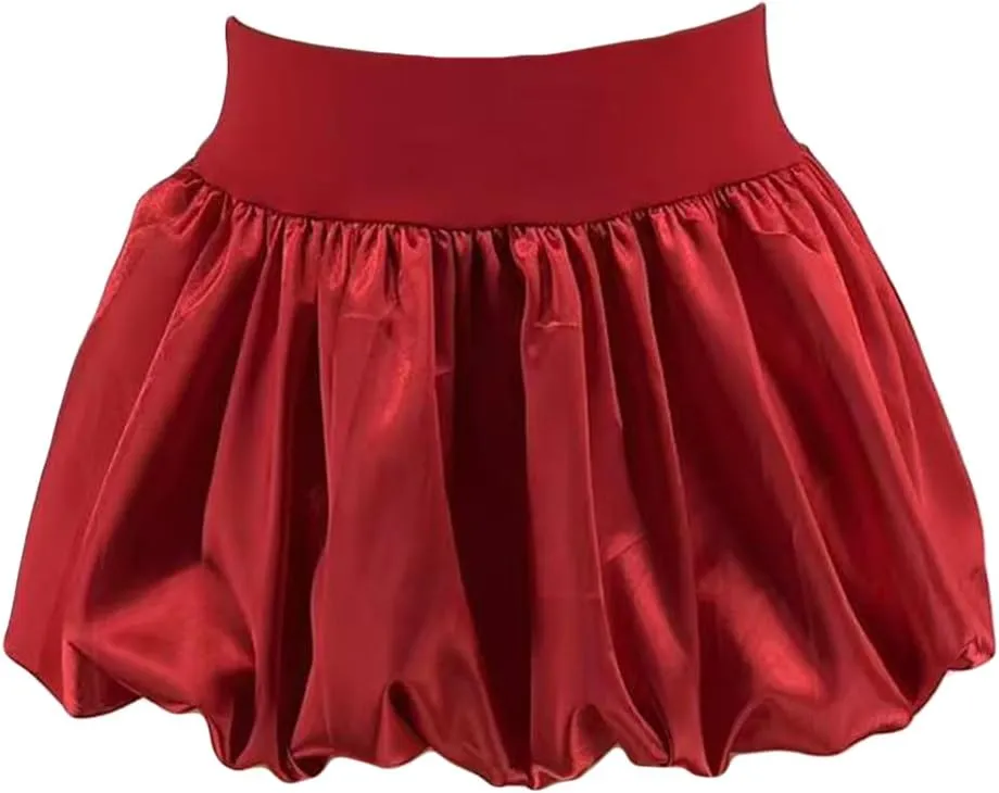 LETSVDO Women's Satin Bubble Mini Skirt Y2k Silk Puffy Ruffle Pleated High Waist A Line Balloon Short Skirts