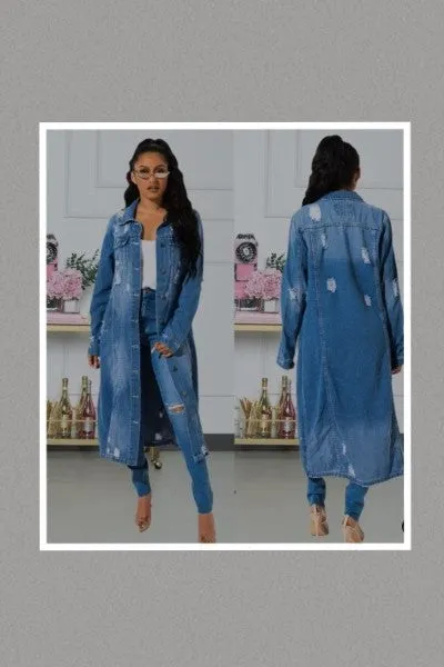 Long Denim Jacket with Distressed