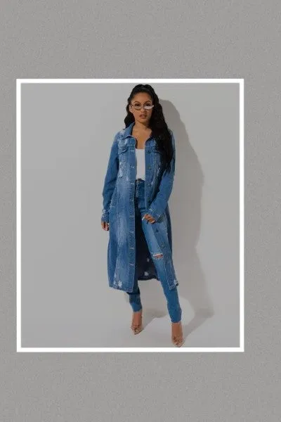 Long Denim Jacket with Distressed