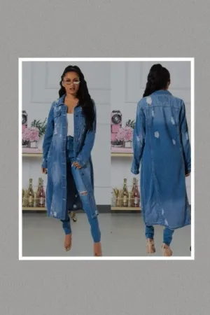 Long Denim Jacket with Distressed
