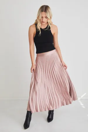 Luminescent Blush Satin Pleated Midi Skirt