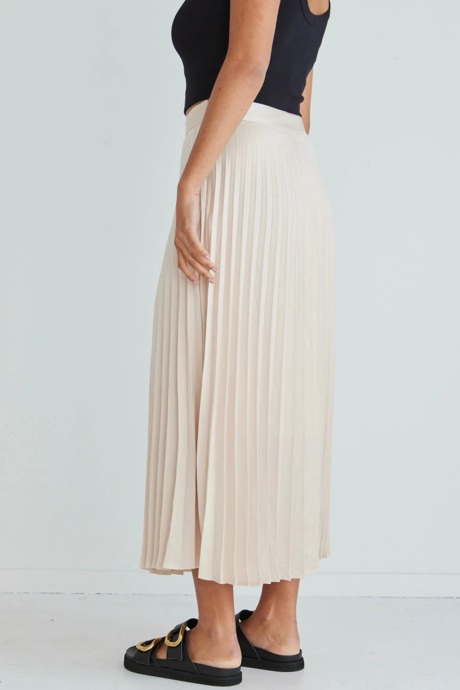 Luminescent Champagne Satin Pleated Midi Skirt