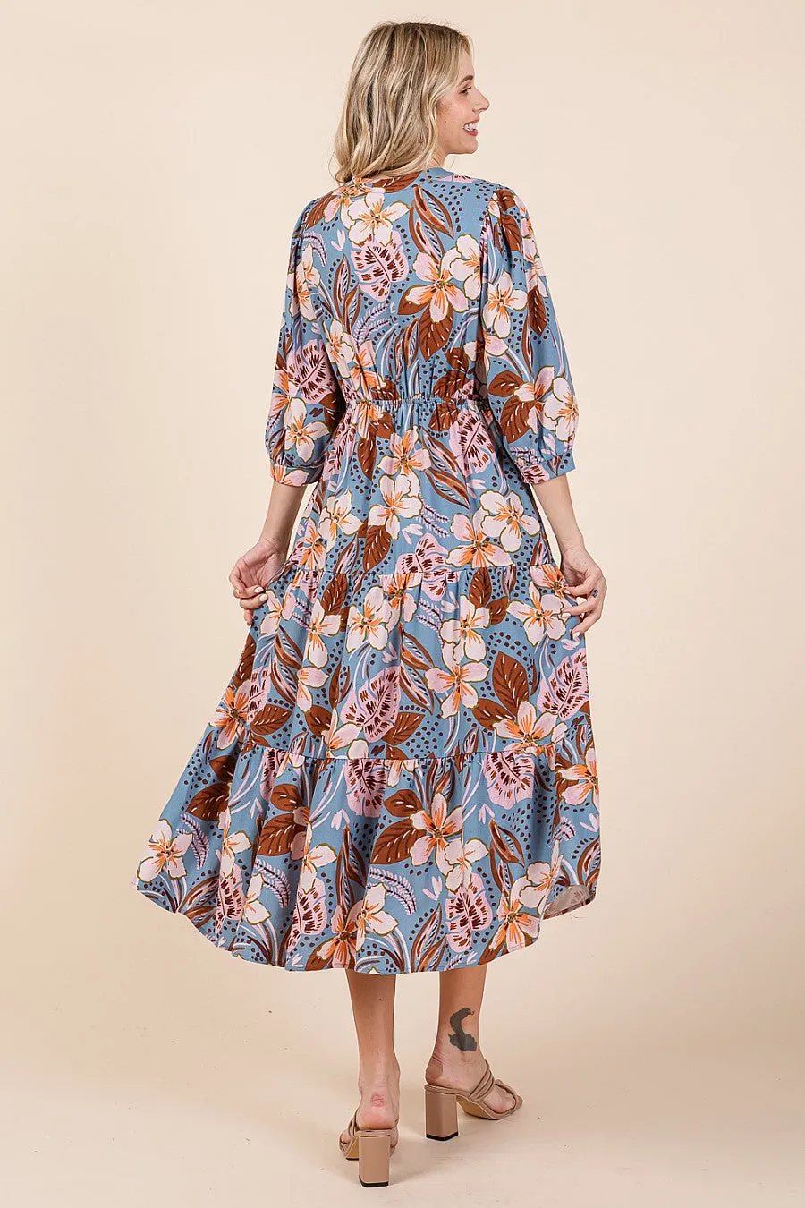 Magnolia - Floral Print Midi Dress - Smoked Blue