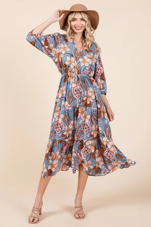 Magnolia - Floral Print Midi Dress - Smoked Blue