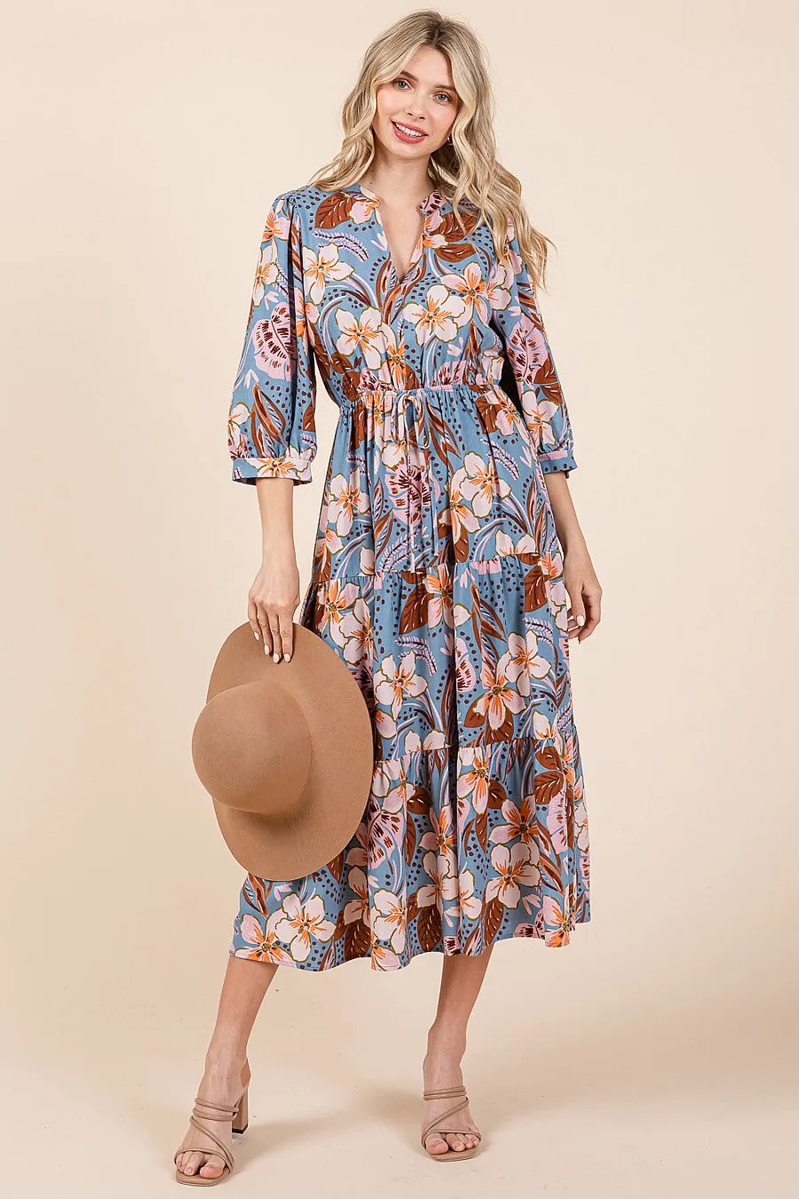 Magnolia - Floral Print Midi Dress - Smoked Blue