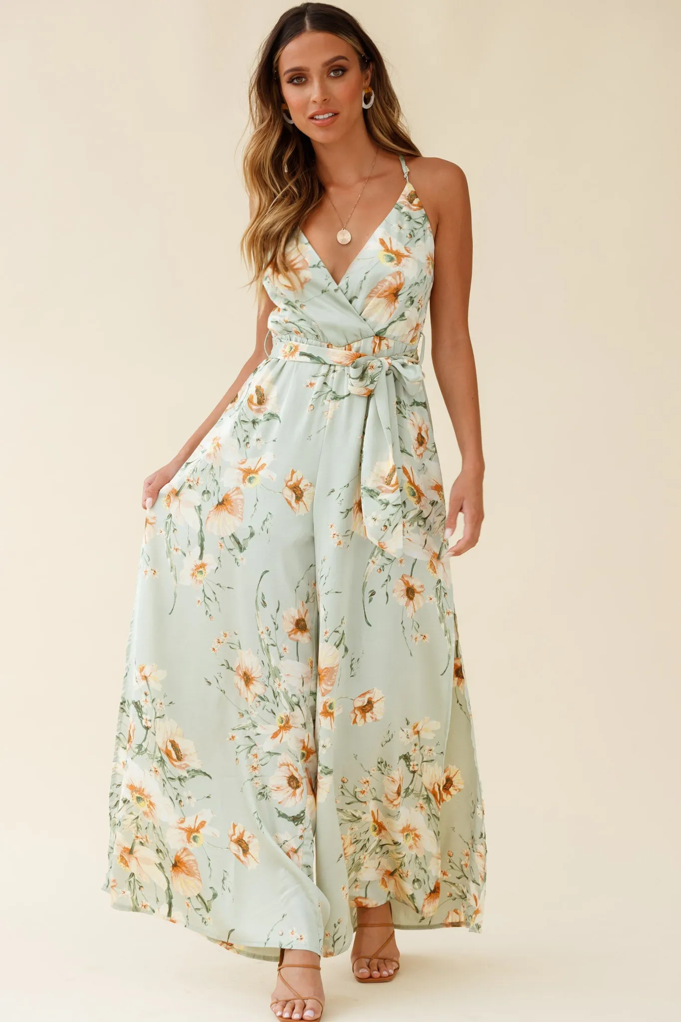 Miso Wide-Leg Cami Jumpsuit Poppy Print Pistachio