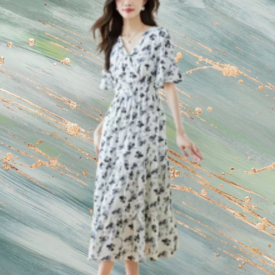 Navy Floral Frilling Wrapped Dress