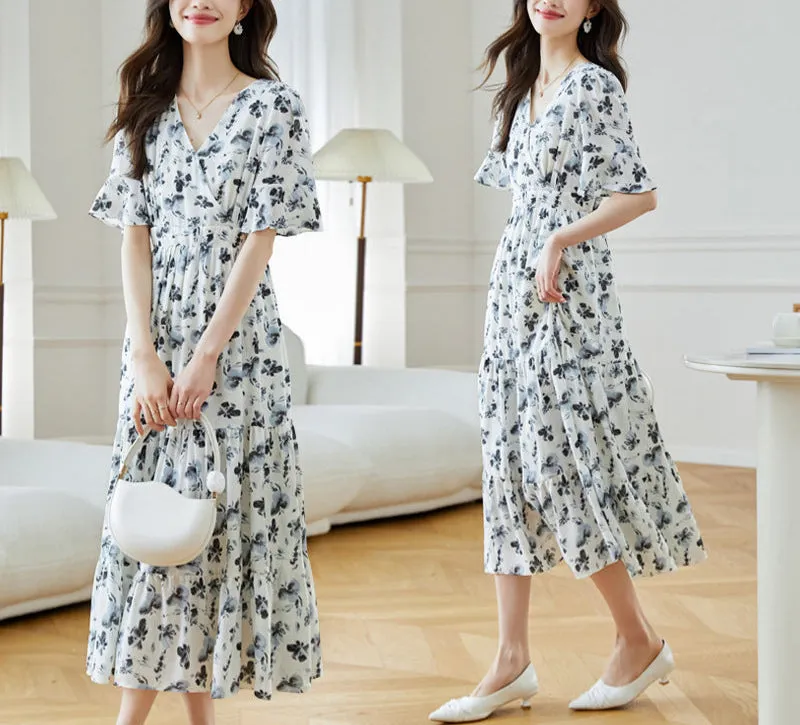 Navy Floral Frilling Wrapped Dress