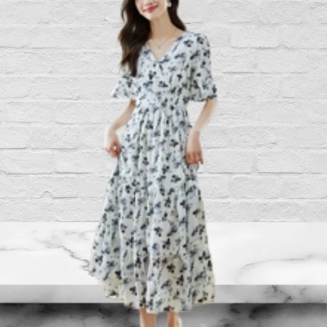 Navy Floral Frilling Wrapped Dress