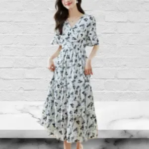 Navy Floral Frilling Wrapped Dress