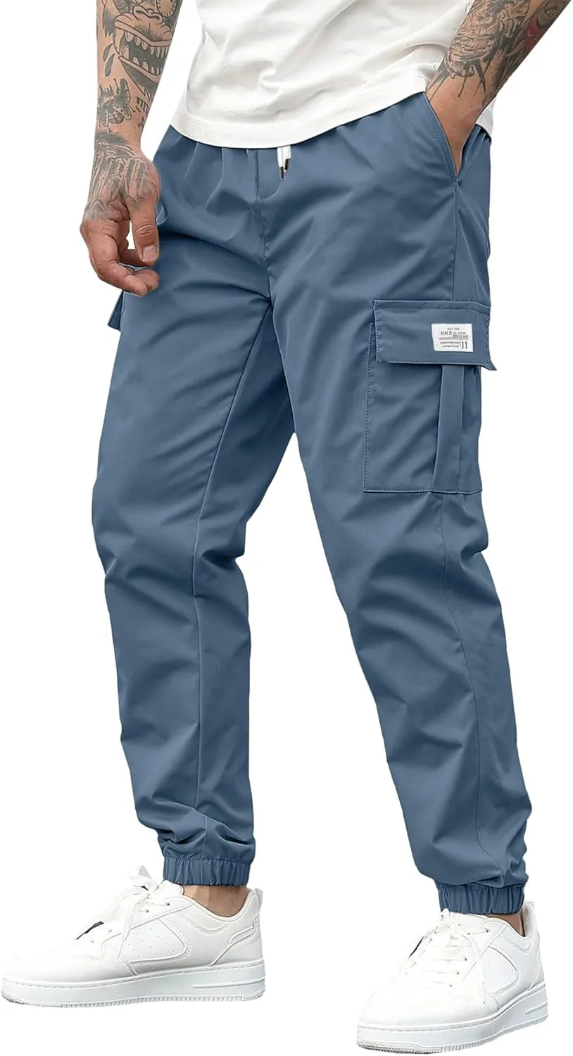 PLEPAN Mens Casual Cargo Joggers Stretch Elastic Waist Drawstring Tapered Sweatpants with Pockets