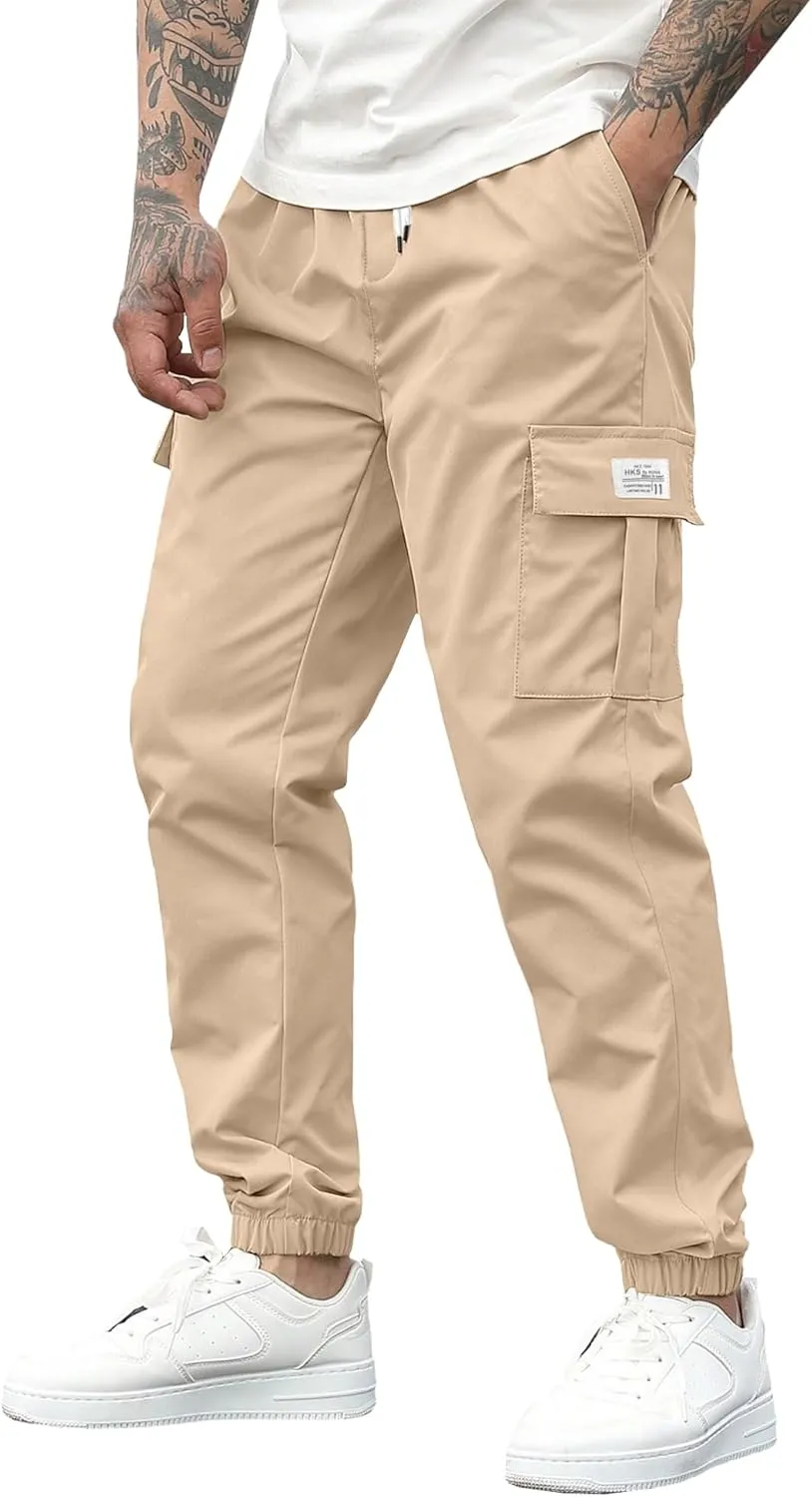 PLEPAN Mens Casual Cargo Joggers Stretch Elastic Waist Drawstring Tapered Sweatpants with Pockets