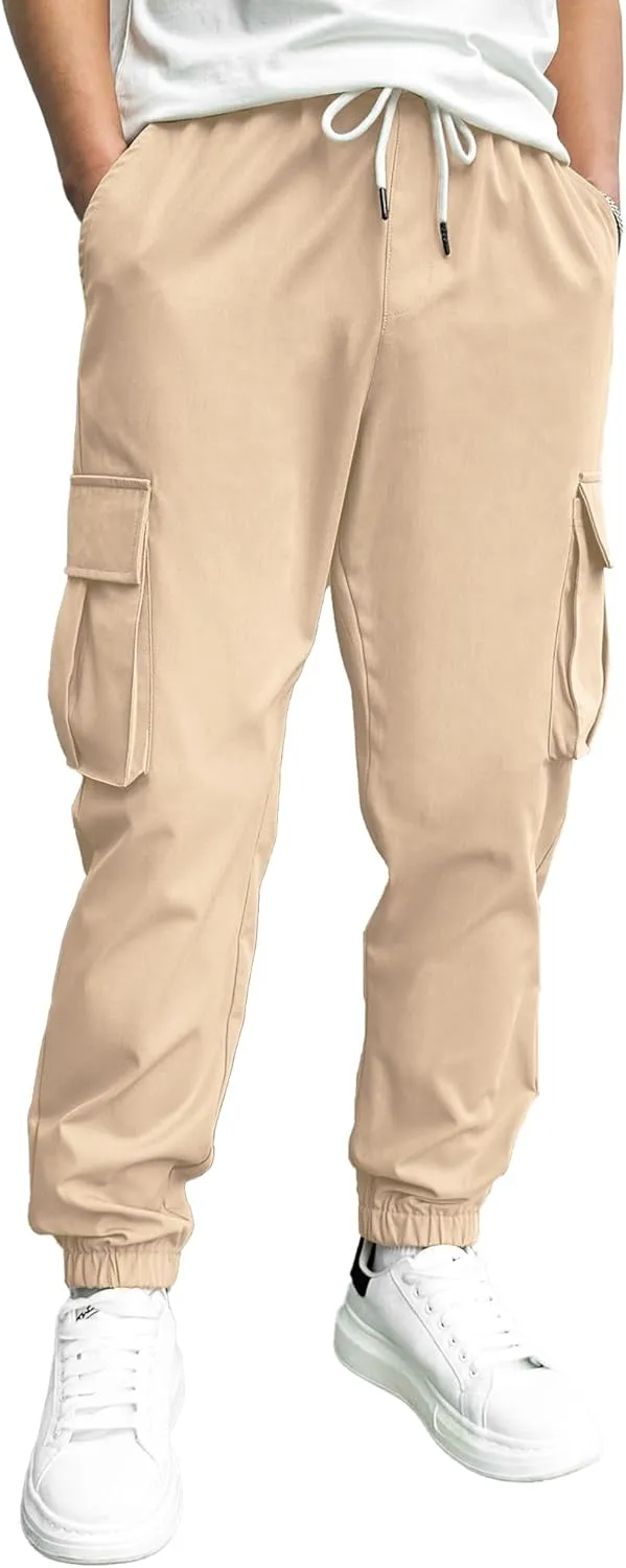 PLEPAN Mens Casual Cargo Joggers Stretch Elastic Waist Drawstring Tapered Sweatpants with Pockets